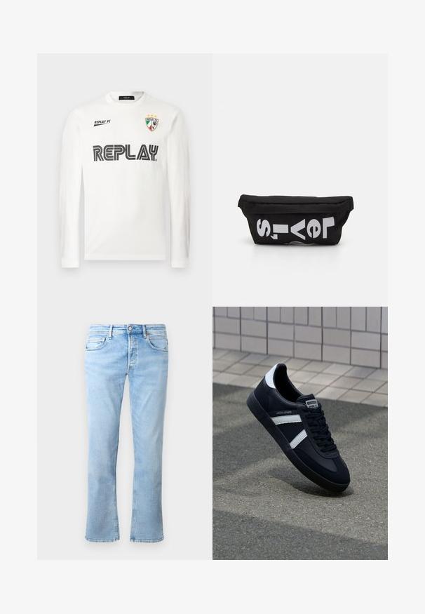 Hvid langærmet skjorte med sort "REPLAY" tekst henover brystet, lille "REPLAY FC" tekst øverst til venstre, og et tri-farvet skjold emblem med tre stjerner øverst til højre.; Lyseblå denimjeans har en lige ben-design, fem lomme-styling og en knaplukning. Stoffet har en glat tekstur med falmede accenter.; Sort lædersneaker med hvide striber, tekstureret gummisål og snørrebånd foran. Har et brandet mærke på tungen.; Sort stoftaske med flad form, prydet med fed hvid tekst. Lynlåsen er placeret øverst, med en løkke detalje på den ene side.