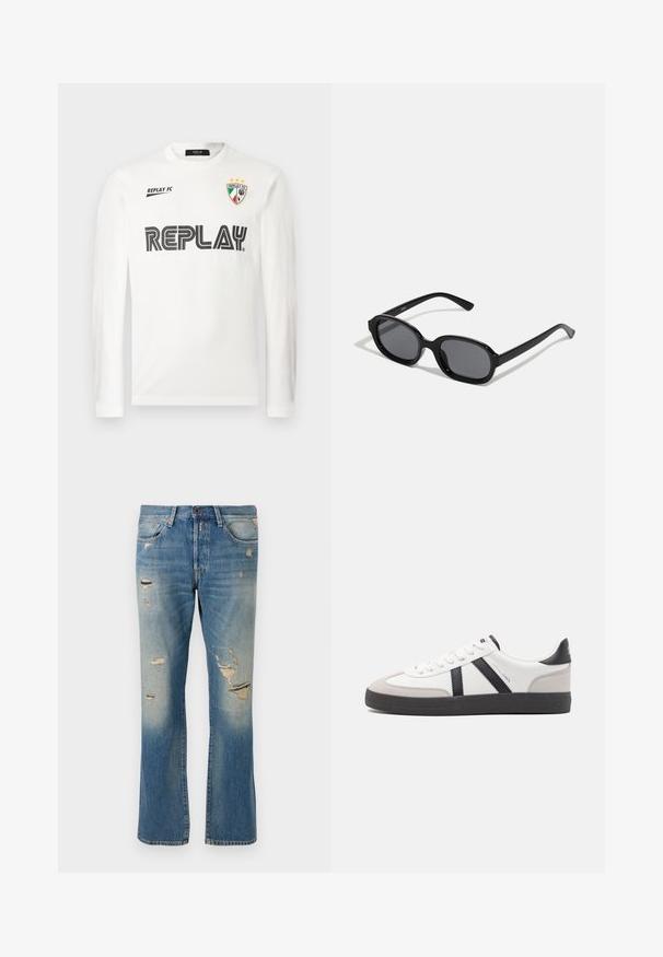 Weißes Langarmhemd mit schwarzem "REPLAY"-Schriftzug über der Brust, kleinem "REPLAY FC"-Schriftzug oben links und einem dreifarbigen Wappenemblem mit drei Sternen oben rechts.; Hellblaue Denim-Jeans mit einer lockeren Passform, die verwaschene Details und fransige Patches aufweisen, mit dem klassischen Fünf-Taschen-Design und einem Knopfverschluss.; Weiße Sneaker mit schwarz- und grau-aczenten, ausgestattet mit einer strukturierten grauen Zehenkappe, schwarzer Gummi-Sohle und flachen weißen Schnürsenkeln. Sauberes Design, minimalistische Stil.; Zign Sonnenbrille - black