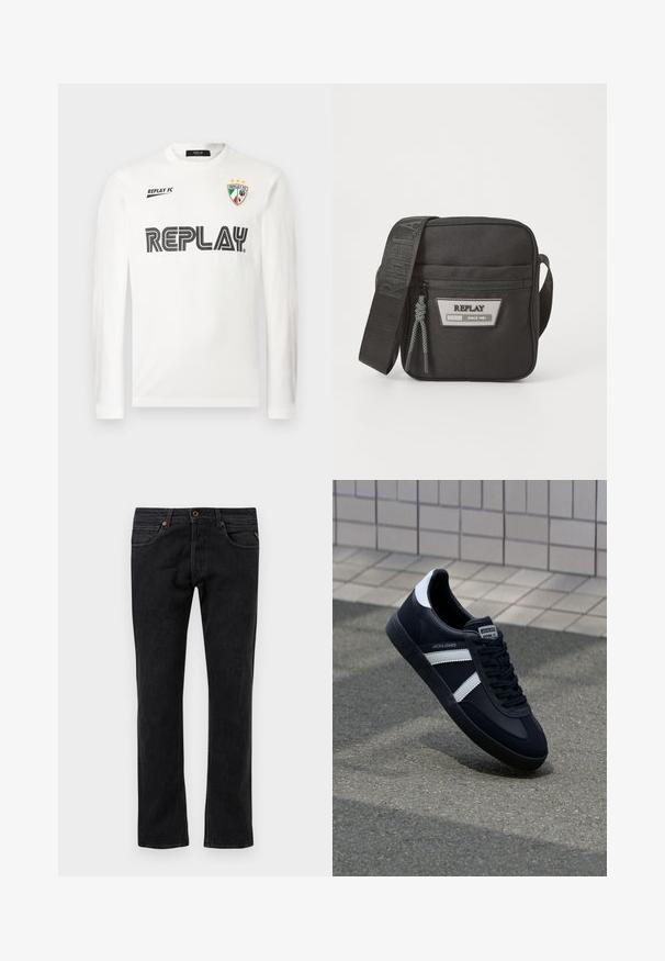 Hvid langærmet skjorte med sort "REPLAY" tekst henover brystet, lille "REPLAY FC" tekst øverst til venstre, og et tri-farvet skjold emblem med tre stjerner øverst til højre.; Sorte denim jeans med et lige ben-design, der har fem lommer, diskret slidmærker og orange syninger som detaljer.; Sort lædersneaker med hvide striber, tekstureret gummisål og snørrebånd foran. Har et brandet mærke på tungen.; Sort stof crossbody-taske med justerbar rem, lynlåslukning, frontlogo-patch og vævede detaljerne. Kompakt rektangulær form.