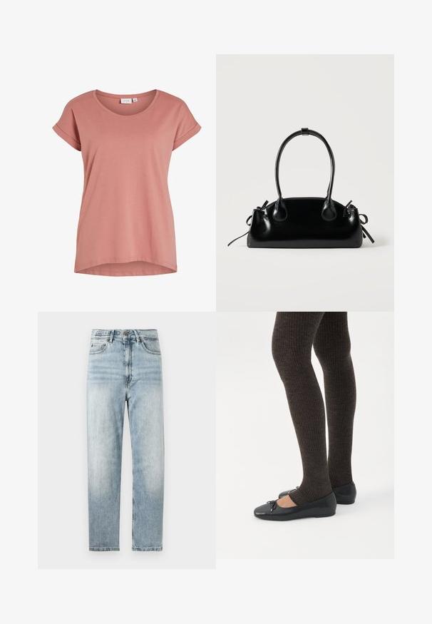 Lyserød kortærmet dame T-shirt med rund halsudskæring og opsmøgede ærmekanter, ensfarvet design og let buet kant.; Lysblå denimjeans med lige ben, med knap- og lynlåslukning, fem-lomme design og subtil falming.; Ben iført mørke ribbede leggings kombineret med sorte balletsko med små sløjfedetaljer på hvid baggrund.; Lille sort blank håndtaske med to lange håndtag og snøre-detaljer i siden på en ensfarvet lys baggrund.