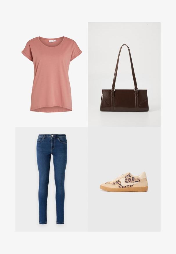 Lyserød kortærmet dame T-shirt med rund halsudskæring og opsmøgede ærmekanter, ensfarvet design og let buet kant.; Slanke denimjeans i mørkeblå. Har et klassisk fem-lomme-design, metalknaplukning og diskret syninger langs sømmene.; Leopardprint sneakers med beige ruskindsoverdel, tan gummisål og hvide detaljer. Rund pegefinger og snørebåndsdesign med en tekstureret finish.; Brun lakeret håndtaske med rektangulær form, to lange håndtag og subtile buede detaljer på fronten.