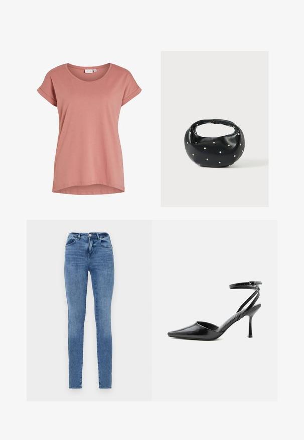 Roze dames-T-shirt met korte mouwen, ronde hals en opgerolde mouwzomen, effen ontwerp en licht gebogen zoom.; Skinny jeans van lichtblauwe denim met een klassiek ontwerp. Beschikt over vijf zakken, riemlussen en een subtiele vervaagde textuur.; Zwarte pumps met puntige neus, dunne enkelbandjes en een zilveren gesp op een effen lichte achtergrond.; Zwarte leren handtas met een afgeronde vorm, versierd met zilveren studs, en een korte handgreep. Gladde textuur en ritsluiting.