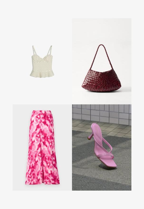Valkoinen hihaton peplum-toppi ohuilla hihnoilla ja ruskeilla pilkuilla, jossa istuva rintamusta ja levenevä helma.; Vaaleanpunainen kuvioitu hame, jossa on virtaava, leveä lahje ja sileä, kevyt kangas. Kuvio sisältää vaalean ja tumman vaaleanpunaisen vaihtelua.; Pinkki korkeakorkoinen sandaali, jossa on ohuet hihnat ja neliönmuotoinen kärki, sijoitettuna asfaltille laatoitetun seinän taustalla.; DRAGON DIFFUSION ROSANNA - Käsilaukku - bordo