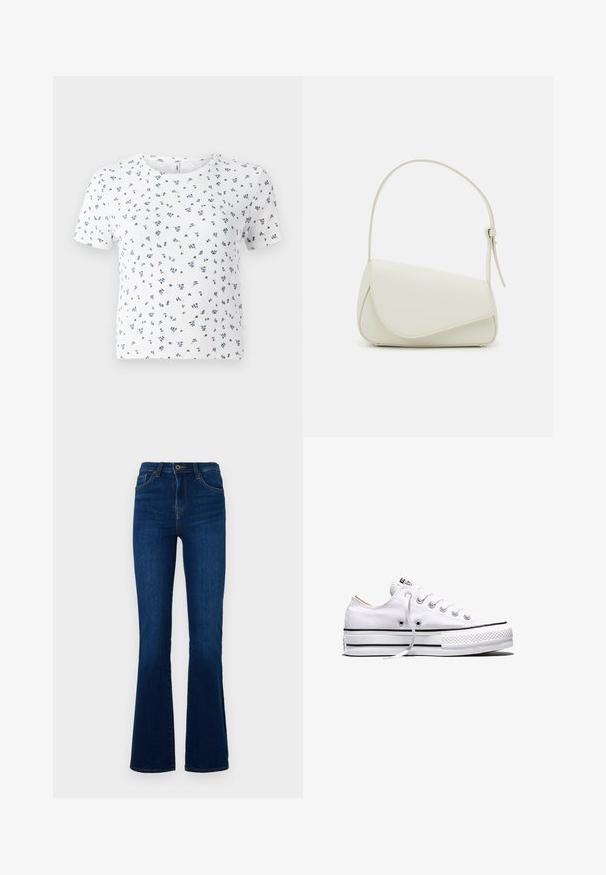 Witte t-shirt met korte mouwen, voorzien van een ribbeltextuur en een bloemenpatroon in blauw en groen. Ronde halslijn en een relaxte pasvorm.; Donkerblauwe flared jeans van denim met een hoge taille, voorzien van voorzakken, een ritssluiting en subtiele stikseldetails.; Witte lage canvas sneaker met witte veters, zwarte strepen op de zool en een rubberen, getextureerde neuskap, zijaanzicht op een witte achtergrond.; Witte nepleren handtas met een gestructureerde driehoekige vorm, een enkele verstelbare schouderriem en een klep met ronde accenten.