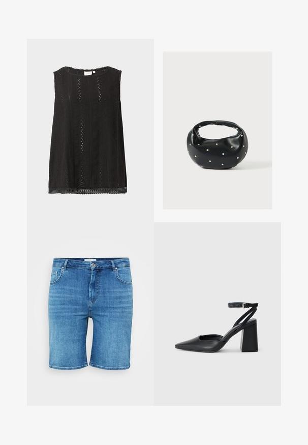 Schwarze ärmellose Bluse mit Spitzenmuster, rundem Ausschnitt und geschwungenem Saum, vor schlichtem hellem Hintergrund dargestellt.; Jeansshorts in Mittelblau, mit geradem Schnitt, Fünf-Taschen-Design und Knopfverschluss. Weicher Stoff, saubere, gesäumte Kanten.; Schwarze Leder-Pumps mit spitzer Zehe, einem Knöchelriemen und einem blockigen Absatz. Flache Textur, elegantes Design und minimalistische Ästhetik.; Schwarze Lederhandtasche mit abgerundeter Form, verziert mit silbernen Nietenakzenten und kurzem Griff. Glatte Struktur und Reißverschlussverschluss.