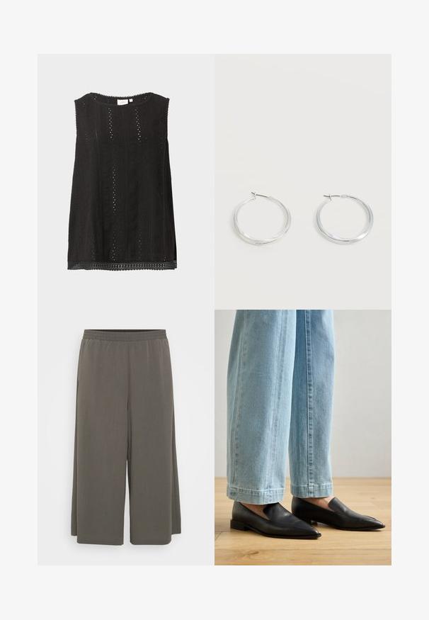 Zwarte mouwloze blouse met kantpatroon, ronde halslijn en gegolfde zoom, weergegeven tegen een effen lichte achtergrond.; Grijze wijde broek met een elastische tailleband, gemaakt van een zachte, lichte stof, met een gladde textuur en zonder zichtbare patronen.; Zwarte leren schoenen met een spitse neus en instapontwerp, gecombineerd met lichtblauwe wijde jeans, op een houten vloer.; Zilverkleurige metalen creolen oorbellen met een glad, licht gebogen oppervlak en sluitingen met haaksluiting op een effen witte achtergrond.