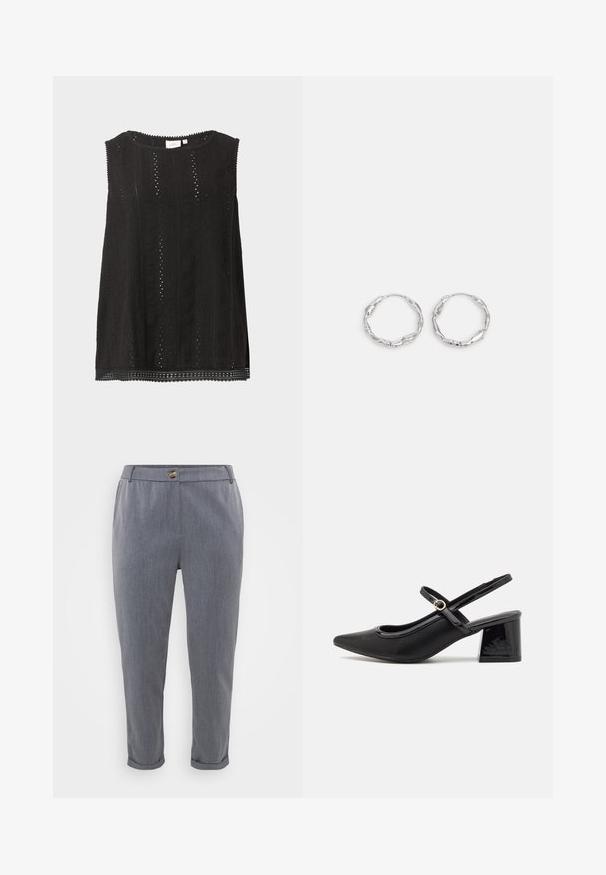 Blouse noire sans manches avec motif en dentelle, encolure ronde et ourlet festonné, présentée sur un fond clair uni.; Pantalons gris ajustés avec une texture tissée lisse, ourlets à enfiler, poches avant et fermeture à bouton à la taille.; Escarpins slingback en cuir verni noir avec un embout pointu, un design à découpes arrondies et un talon carré. Présente un accent de boucle en ton doré.; Boucles d'oreilles en argent en forme de créole, avec une texture ondulante et irrégulière. Présente une forme circulaire mince et une finition réfléchissante.