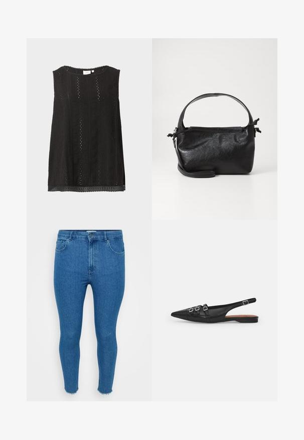 Schwarze ärmellose Bluse mit Spitzenmuster, rundem Ausschnitt und geschwungenem Saum, vor schlichtem hellem Hintergrund dargestellt.; Schlanke blaue Denim-Jeans mit hoher Taille, Fünf-Taschen-Design und rohem Saum. Das Material wirkt glatt mit leichter Verfärbung an den Oberschenkeln.; Schwarze Leder-Slingback-Ballerina mit spitzem Zeh, ausgestattet mit zwei horizontalen Riemen und quadratischen silbernen Schnallen, mit flachem Absatz und glatter Oberfläche.; Schwarze Lederhandtasche mit strukturiertem Design, rundem Haltegriff und abnehmbarem Schulterriemen. Sie weist eine glatte Oberfläche und einen subtilen Glanz auf.