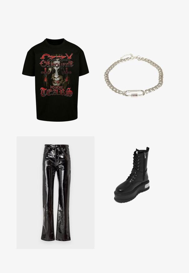 Zwarte T-shirt met een grafische print van een gezicht met lang haar, rode accenten en de tekst "Ozzy Osbourne No More Tears" in vette typografie.; Zwarte, hooggesneden, uitlopende broek van glanzend vinyl met zijzakken, een ritssluiting en zichtbare stikdetails.; Zwarte faux leren gevechtslaars met een chunky platform, voorzien van een vetersluiting, ritssluiting en een metallic accent op de hak.; Zilveren kettingarmband met een ontwerp van dikke schakels, voorzien van een langwerpige ovale sluiting en een kleine paarse accentsteen.