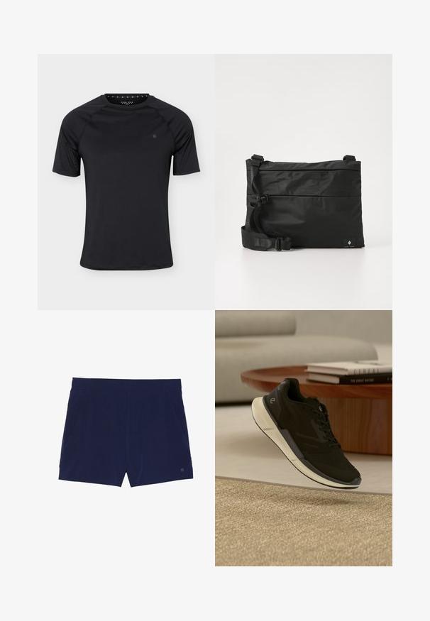 Zwart sport T-shirt met korte mouwen en een ronde hals met klein logo op de linkerborst, weergegeven op een effen lichte achtergrond.; Marineblauwe zwemboxers van lichtgewicht stof, met een elastische tailleband en twee zijzakken voor opbergruimte.; Zwarte sportieve sneaker met witte zool zwevend boven beige tapijt, houten ronde tafel met gestapelde boeken in een moderne woonkamer op de achtergrond.; Zwarte nylon boodschappentas met verstelbare riem, plat ontwerp en een zijlabel met een logo. Soepele textuur en minimalistische stijl.