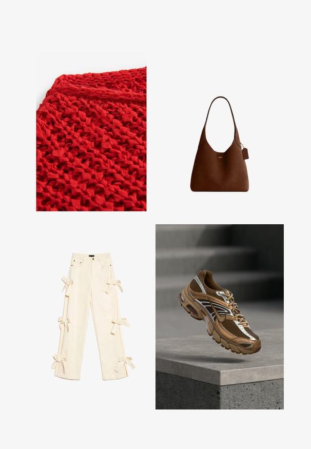 Gestrickter roter Stoff mit einem strukturierten, offenen Design. Das Material wirkt leicht und flexibel und weist durchgehend Schlaufen und Muster auf.; Cremfarbene weite Hose mit hohem Bund, fünf Taschen, Metallknopf und Stoffschleifen, die entlang beider Hosenbeine gebunden sind.; Brauner und beiger Nike-Sneaker mit Mesh- und reflektierenden Details schwebt über einer Betonkante vor einem verschwommenen grauen Hintergrund.; Braune Leder-Umhängetasche mit einem einzigen Riemen, kleinem goldenen Coach-Logo vorne und einem passenden Lederanhänger, der am Riemen befestigt ist.