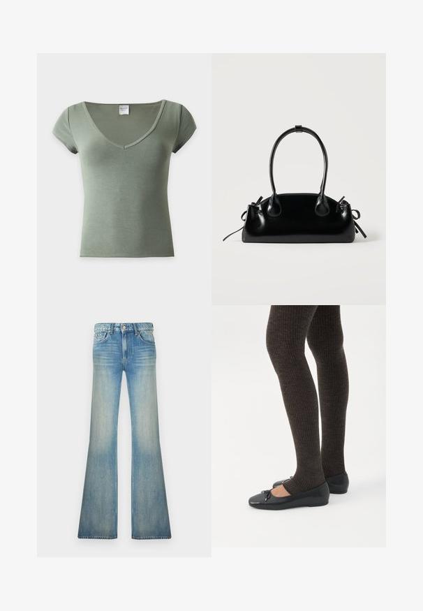 Top en maille côtelée verte à manches courtes, avec un col en V profond et une silhouette ajustée, présenté sur un fond clair uni.; Jean en denim bleu clair taille haute, bouton à l’avant, texture délavée et jambes évasées larges.; Jambes portant des leggings côtelés foncés associés à des ballerines noires avec de petits détails en nœud sur fond blanc.; Petit sac à main noir brillant avec deux longues anses et des détails à cordon sur les côtés sur un fond clair uni.