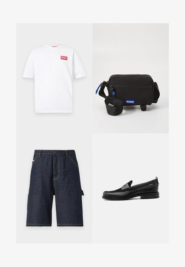 Λευκό βαμβακερό T-shirt με κοντά μανίκια, με ένα κόκκινο ορθογώνιο λογότυπο DIESEL στην αριστερή άνω πλευρά του στήθους. Απλός σχεδιασμός με στρογγυλή λαιμόκοψη.; Σκούρες μπλε τζην σορτς με ίσια γραμμή, πέντε τσέπες, λεπτομέρειες κίτρινου χρώματος στη ραφή και πλαϊνή τσέπη για επιπλέον λειτουργικότητα.; Μαύρος δερμάτινος λόφερ με γκρι λουράκι, χαμηλό τακούνι και υφασμένο πέλμα, με το λογότυπο "HUGO" σε χρυσό στο πλάι.; Μαύρη υφασμάτινη τσάντα ώμου με κλείσιμο φερμουάρ, μπλε λογότυπο, ρυθμιζόμενο λουρί και υφή επιφάνειας. Συμπαγής ορθογώνιος σχεδιασμός.
