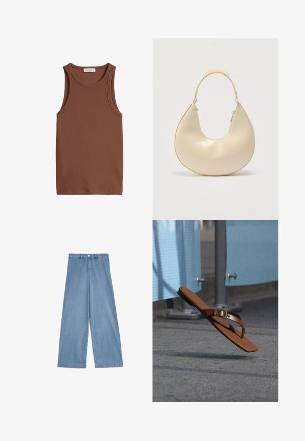 Brun ribbet ærmeløs tanktop med rund halsudskæring og synligt Marc O’Polo mærke inde i kraven.; Lyseblå vide jeans lavet af denim. Har høj talje, frontlukning med knap og lige ben med en ren kant.; Brun læder thongsandal med guldbeslag, der svæver over gråt fortov nær metalstænger og blåt hegn.; Kremfarvet håndtaske i halvmåneform med kort håndtag, der har en metaldetalje i guldton og lynlåslukning på siden.