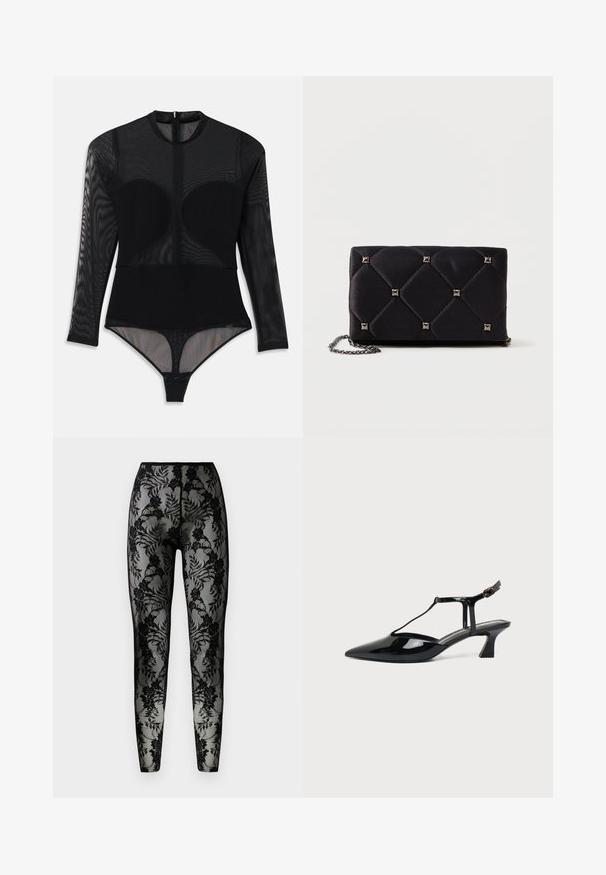 Bodysuit noir avec un design ajusté, des manches longues transparentes, un col rond et une fermeture à pression en bas. La texture du tissu est lisse.; Leggings en dentelle noire avec un motif floral, en tissu transparent, et une coupe ajustée, dotés d'une taille lisse et d'ourlets fermés.; Chaussure slingback en cuir verni noir à bout pointu avec bride en T et petit talon bloc incliné sur fond blanc.; Clutch en satin matelassé noir avec des clous en pyramide argentés, chaîne, forme rectangulaire et texture lisse. Dimensions de 10 cm x 18 cm x 4 cm.