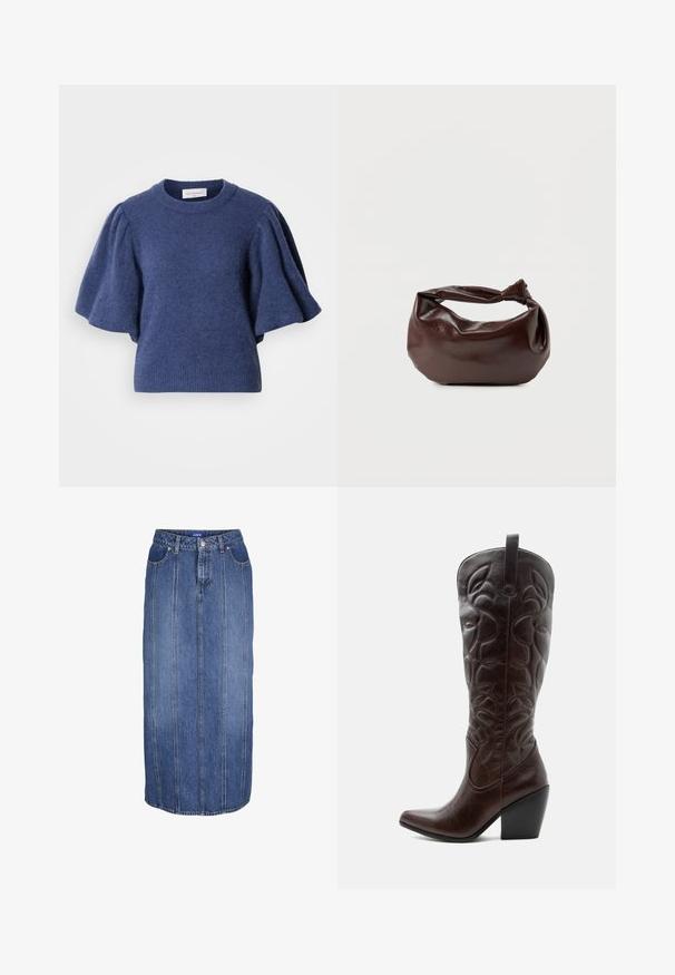 Marineblauwe gebreide trui met een ronde hals en korte, opgeblazen mouwen. De stof lijkt zacht met een gestructureerde afwerking.; Blauwe denim midi-rok met verticale naden, knoop- en ritssluiting aan de voorkant, ceintuurlussen en steekzakken aan de voorkant.; Lange donkerbruine leren cowboylaars met gestikte decoratieve patronen, spitse neus en gestapelde blokhak.; Donkerbruine leren schoudertas met een zachte, slungelige vorm en een gedraaide knoopvormige handgreep op een effen witte achtergrond.