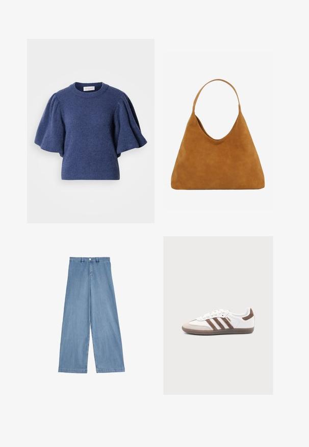 Mørkeblå strikket sweater med rund hals og korte, puffede ærmer. Stoffet ser blødt ud med en struktureret finish.; Lyseblå vide jeans lavet af denim. Har høj talje, frontlukning med knap og lige ben med en ren kant.; Hvid Adidas Samba sneaker med brune ruskindstriber, brun ruskindstå og gummisål på en lys grå baggrund.; Brun ruskind trekantet skuldertaske med enkelt strop og glat, ubehandlet overflade mod hvid baggrund.