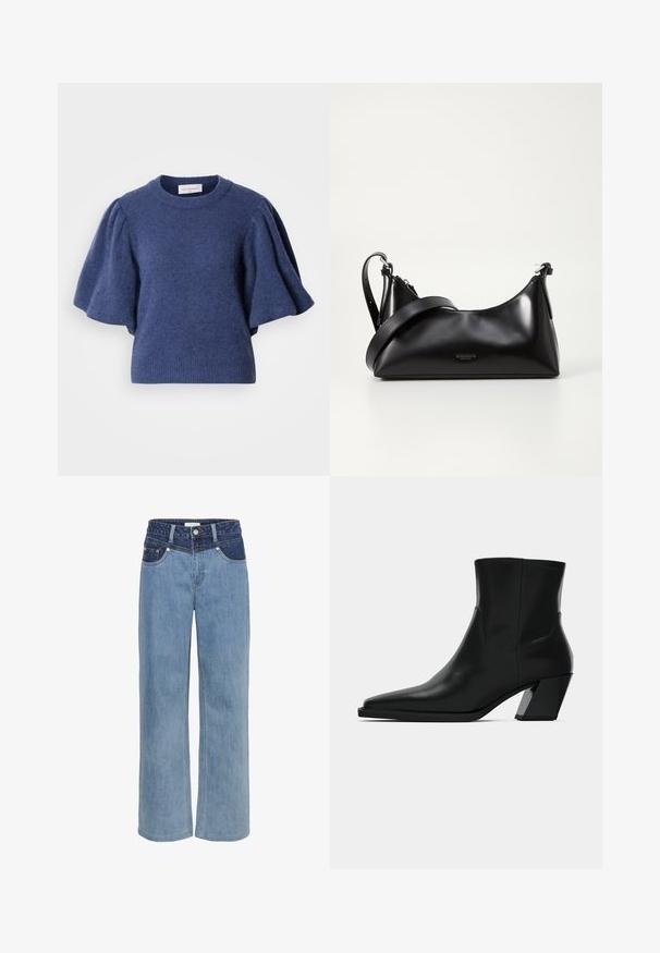 Mørkeblå strikket sweater med rund hals og korte, puffede ærmer. Stoffet ser blødt ud med en struktureret finish.; Lyseblå denim bukser med vid ben, højt liv, fem lommer og en kontrasterende mørkeblå lap foran.; Sortlæder ankelstøvle med spids tå, en slank silhuet og en kraftig firkantet hæl. Glat tekstur med minimale stikninger.; Sort læderhåndtaske med en glat tekstur. Har en justerbar stropp og et enkelt, minimalistisk design med lynlås.