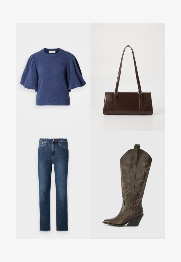 Pull en maille bleu marine avec un col rond et des manches courtes bouffantes. Le tissu semble doux avec une finition texturée.; Jean en denim bleu foncé avec une coupe droite, comportant une fermeture à boutons et à zip, et des coutures orange.; Botte de cowboy en cuir marron avec un embout pointu, un talon compensé et des broderies décoratives. Dispose d'un long tige et d'une languette de tirage.; Sac à main en cuir verni marron de forme rectangulaire, avec deux longues poignées et des accents courbés subtils à l'avant.