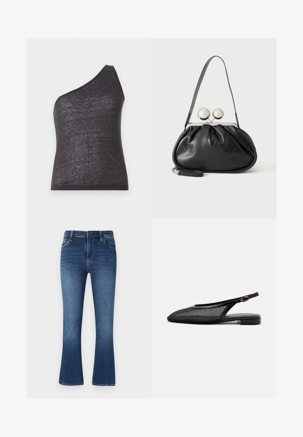 Débardeur asymétrique noir avec une seule bretelle, fabriqué en tissu doux et légèrement transparent, présentant une silhouette ajustée et une texture lisse.; Jean flare bleu foncé en denim, présentant un design classique à cinq poches, des passants de ceinture et des détails de décoloration subtils sur le tissu.; Chaussure plate noire à bride arrière, bout pointu, tige en mesh, bride à boucle réglable et petit talon empilé sur fond blanc.; Sac à main en cuir noir avec un design plissé, une sangle unique, un cadre métallique argenté et deux grandes fermoirs ronds en argent.