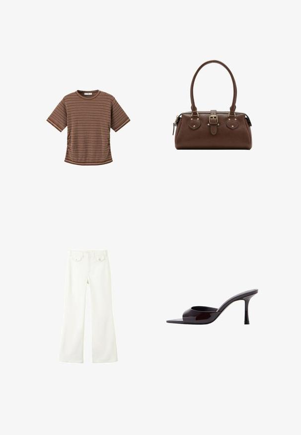 T-shirt marron à manches courtes avec fines rayures blanches horizontales et col rond sur fond blanc.; Pantalon blanc taille haute avec jambes évasées, bouton et fermeture éclair à l'avant, et deux poches à rabat avec boutons à la taille devant.; Mule en cuir verni noir à bout ouvert avec un talon stiletto fin de hauteur moyenne et une bride supérieure basse.; Sac à main en cuir marron avec deux poignées, une sangle centrale à boucle et des ferrures dorées, présenté sur fond blanc.