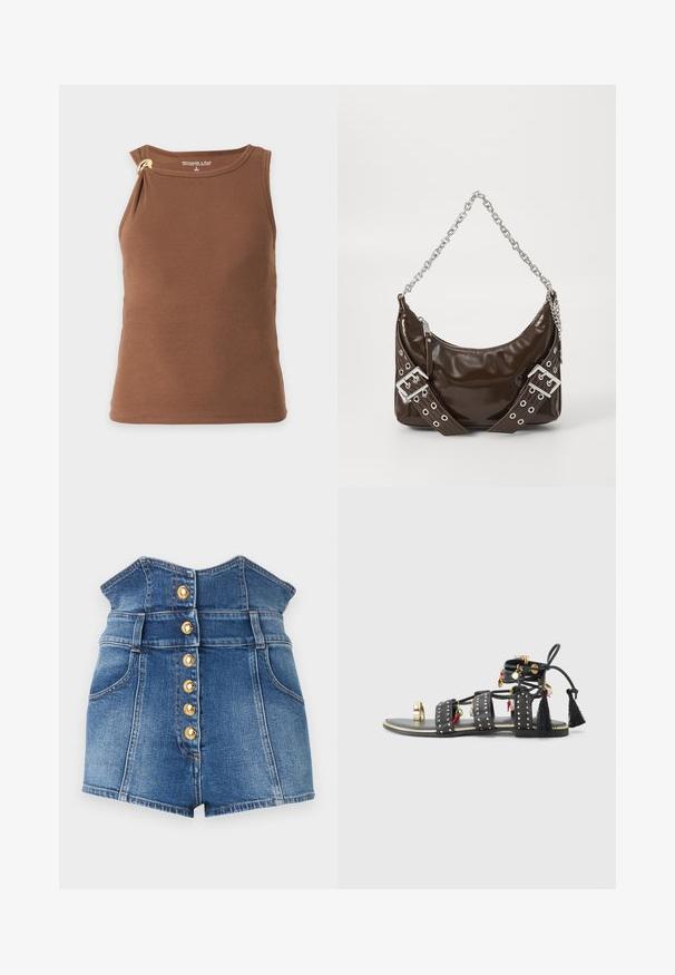 Top marrón acanalado sin mangas con un hombro recogido y asegurado por un gran anillo dorado.; Pantalones cortos de mezclilla azul de cintura alta con cintura estilo paperbag y seis botones dorados visibles en la parte frontal central.; Sandalias de cuero negro con tres tiras anchas adornadas con tachuelas doradas, borlas decorativas y charms en rojo y verde. Suela plana con un acento dorado.; Bolso de mano de cuero patentado marrón oscuro con cadena plateada, cinturones decorativos de doble hebilla y cierre de cremallera.