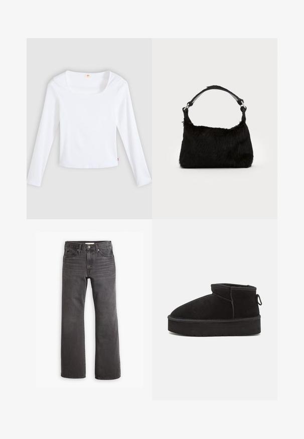 Witte longsleeve t-shirt van geribbelde stof, met een vierkante halslijn en een aansluitend model, voorzien van een klein logotag aan de zijkant.; Grijze denim jeans met een rechte snit, een vijf-pocket ontwerp en metalen hardware. Soepele textuur met subtiele vervaging aan de voorkant.; Zwarte suède enkellaars met een ronde neus, voorzien van een verhoogde zool en een zijlus voor gemakkelijk aantrekken. Het ontwerp is eenvoudig met minimale accenten.; Zwarte neplederen handtas met een zachte textuur, ronde vorm en een stevige zwartleren schouderband. Zilveren hardwareaccenten zichtbaar.