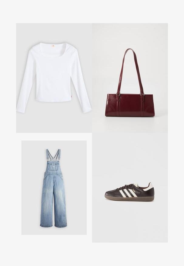 Weißes Langarm-T-Shirt aus Rippstoff mit quadratischem Ausschnitt und figurbetontem Schnitt, mit einem kleinen Logobändchen an der Seite.; Helleblaue Denim-Latzhose mit weiten Beinen, verstellbaren Trägern, einer Fronttasche und Metallknöpfen an den Seiten. Klassischer Stil mit lockerer Passform.; Dunkelbraune Ledersneaker mit weißem Drei-Streifen-Design, einer Gummisohle und dem Schriftzug "Samba" in goldener Schrift an der Seite. Klassische, niedrige Form.; Burgunderfarbene Handtasche aus glänzendem Material, rechteckige Form, mit zwei Schulterriemen und subtilen, geschwungenen Akzenten an der Vorderseite.