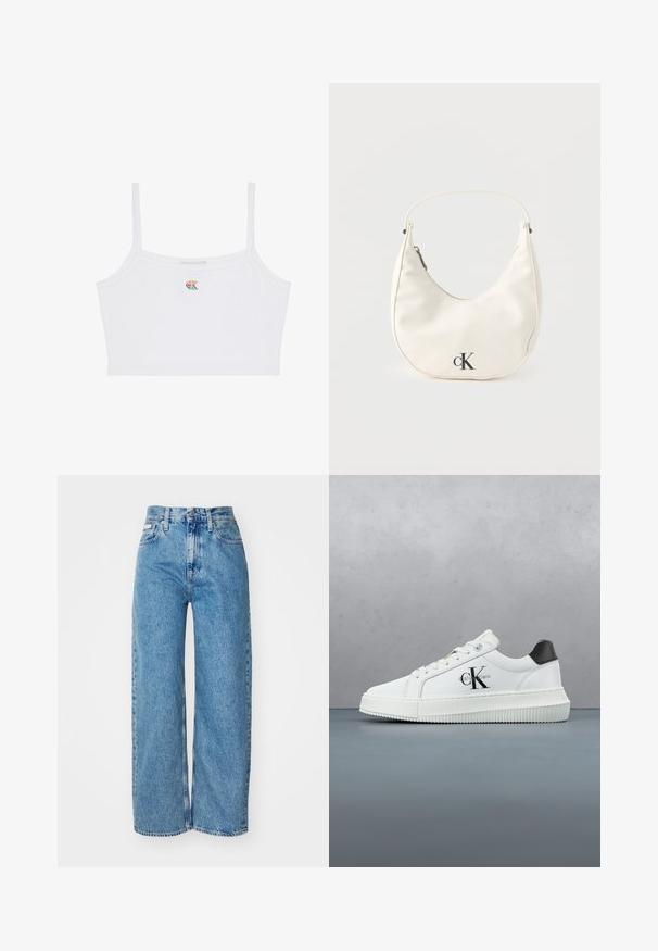 Witte cropped top met dunne bandjes en een klein, meerkleurig "CK" logo in het midden van de borst.; Lichtblauwe denim wijde jeans met hoge taille, rafelrand en vijf zakken. De verslete textuur voegt diepte toe aan de stof.; Witte lage sneaker met zwarte hiel tab, plateauzool, veters en Calvin Klein "CK" logo aan de zijkant.; Kleine witte handtas in de vorm van een halve maan met een kort hengsel, ritssluiting en zwart "cK" logo aan de voorkant.