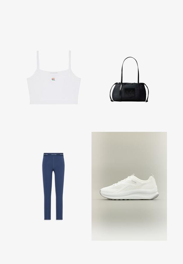 Biely crop-top s tenkými ramienkami a malým farebným logom "CK" umiestneným na strede hrude.; Námornícke modré legíny vyrobené z elastického materiálu, s hladkou textúrou a elastickým pásom, na ktorom je potlačené logo Calvin Klein.; Biele tenisky Calvin Klein s textúrou sieťky, šnurovacie, s hrubou podrážkou a pútkom na päte, zobrazené na neutrálnom pozadí.; Čierna nylonová taška na rameno s dlhými popruhmi, bočné stiahnutie na šnúrky a predná plastická nášivka s logom Calvin Klein.
