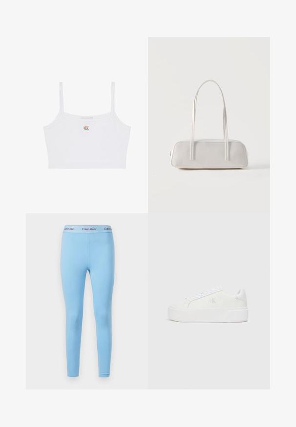 Witte cropped top met dunne bandjes en een klein, meerkleurig "CK" logo in het midden van de borst.; Blauwe leggings van glad, rekbaar materiaal met een effen kleur en een tailleband met het "Calvin Klein" logo in contrasterende kleuren.; Witte platform sneakers met een gladleren bovenkant, ronde neus, witte veters en subtiele logodetail aan de zijkant. Platte rubberen zool.; Witte rechthoekige schoudertas met lange dunne bandjes, minimale stiksels en ritssluiting op een effen achtergrond.