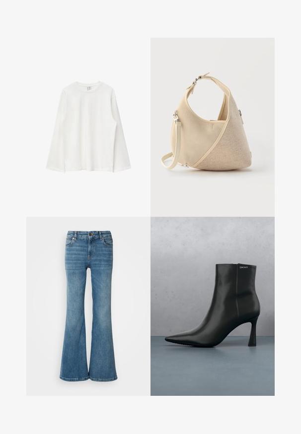 Schlichtes weißes Langarmshirt mit Rundhalsausschnitt aus weichem Stoff, flach liegend ohne Muster oder Logos dargestellt.; Hellblaue, weit geschnittene Jeans aus Denim, mit fünf Taschen, sichtbaren Nähten und einem Knopf- sowie Reißverschlussverschluss an der Taille.; Schwarze Leder-Stiefelette mit spitzem Zehenbereich und einem geometrischen Absatz. Verfügt über dezente Branding-Elemente und eine glatte Textur. Der Hintergrund zeigt strukturierte Fliesen.; Beige handtasche in halbmondform mit gemischten stoffstrukturen, kurzem griff und abnehmbarem schulterriemen vor hellem hintergrund.