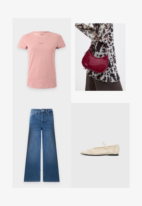 Weiches rosa kurzärmeliges Baumwoll-T-Shirt mit rundem Ausschnitt und kleinem schwarzem "Pepe Jeans"-Logo in der Mitte der Brust.; Blaue Jeans mit weitem Bein, vorderen und hinteren Taschen, Gürtelschlaufen und Knopfverschluss.; Beige Ballerinas mit spitzem Zeh, einer Überlagerung aus Netzdesign und einem seitlichen Schnallenriemen. Flache Sohle mit glatter Textur.; Frau trägt eine schwarz-weiß gemusterte Bluse und hält eine glänzende rote Schultertasche vor einem einfarbigen Hintergrund.