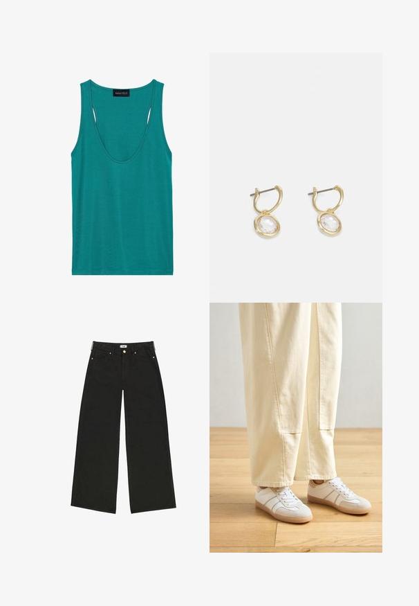 Teal ærmeløs tanktop lavet af blødt stof. Har en dyb rund halsudskæring og udskæringer på ryggen for ekstra ventilation.; Sorte vidde jeans lavet af denim, med høj talje, forlommer og kontrasterende guldtonet hardware. Ren, lige pasform.; Hvide sneakers med en kombination af glatte og ruskindsteksturer, prydet med beige accenter og en gummisål, parret med lysfarvede, vide bukser.; Guldøreringe med en transparent oval stenskæde, der har en glat tekstur og et minimalistisk design.