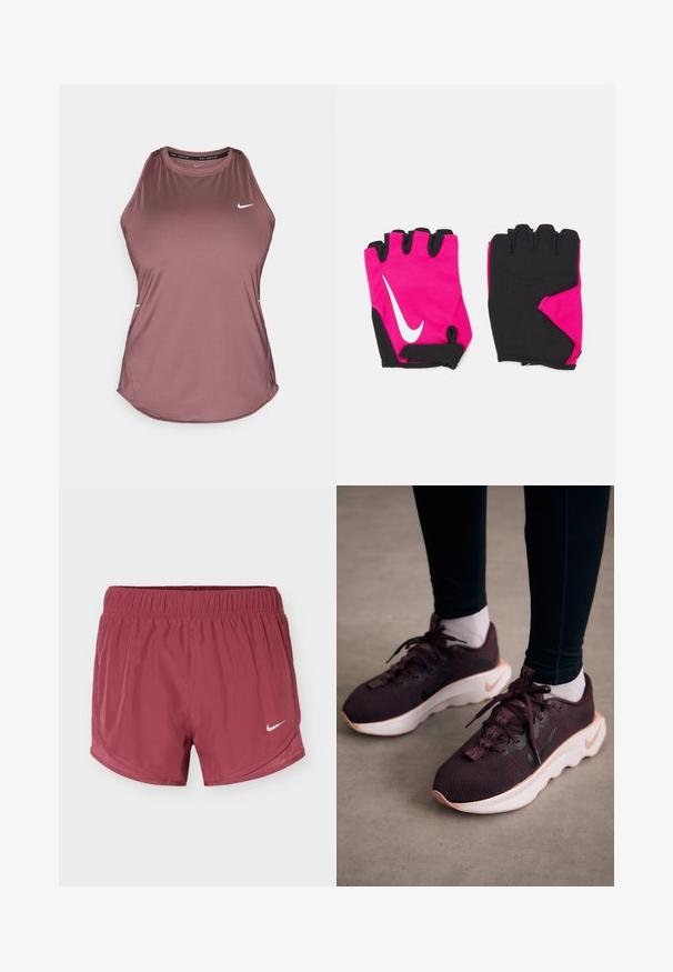 Top sin mangas de Nike en un color malva apagado, hecho de una tela suave y ligera; presenta un escote redondo y un pequeño logo en el pecho.; Pantalones cortos de correr Nike color granate con cintura elástica y el logo blanco de Nike swoosh en la pierna derecha sobre un fondo liso.; Zapatillas deportivas color granate con parte superior de tejido texturizado, suela blanca y logo de Nike en negro. Presentan cordones redondos y ojales de cordón estampados.; Guantes cortos de color rosa con acentos negros, que presentan un logo blanco de Nike, palmas acolchadas y diseño sin dedos para mejorar el agarre y la flexibilidad.