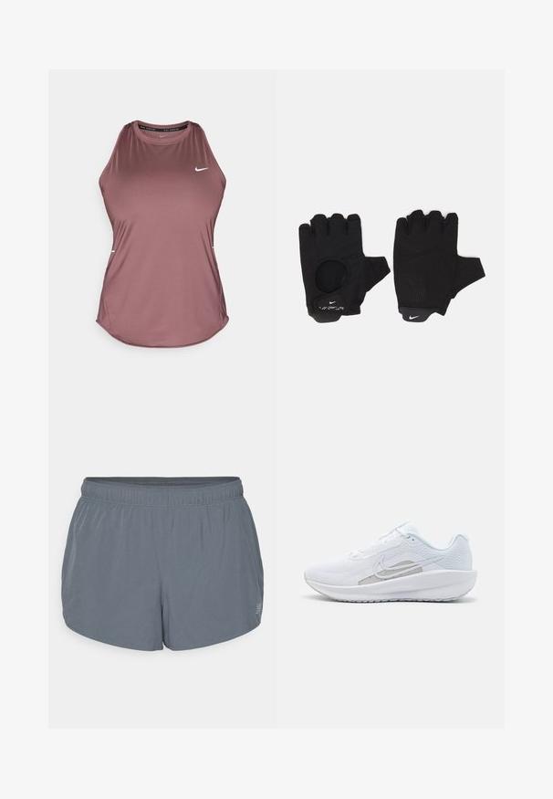 Nike ærmeløs top i en afdæmpet mauve farve, lavet af glat, let stof; har rund halsudskæring og lille logo på brystet.; Grå athletic shorts med en blød tekstur, elastisk talje og en let buet kant. Har små perforeringer for åndbarhed.; Hvid træningssko med mesh-overdel, rund tå og tekstureret sål. Har et sølvfarvet Nike-swoosh og et minimalistisk design.; Sorte fingerløse handsker med et tekstureret design. Lavet af et åndbart materiale, med en tommelfingeråbning og forstærket håndflade for bedre greb.