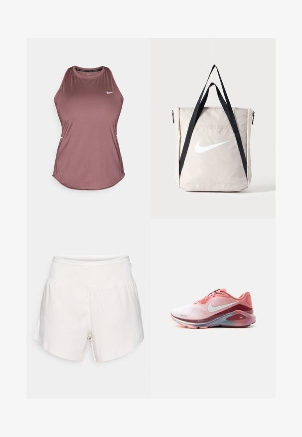 Nike mouwloos topje in een gedempte mauve kleur, gemaakt van soepel, lichtgewicht stof; heeft een ronde halslijn en een klein logo op de borst.; Witte atletiekshorts met hoge taille, een gladde tailleband en een subtiel logo op het linkeronderbeen, weergegeven tegen een effen achtergrond.; Roze en rode Nike hardloopschoen met wit swoosh-logo, gedempte zool en mesh bovenwerk, zijaanzicht tegen witte achtergrond.; Beige Nike tote tas met groot wit swoosh-logo en lange zwarte schouderbanden, voorvak met rits, rechtopstaand tegen een effen achtergrond.