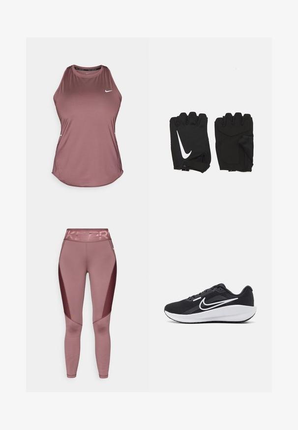 Αμάνικη μπλούζα Nike σε απαλό μοβ χρώμα, κατασκευασμένη από λεία, ελαφριά ύφασμα; διαθέτει στρογγυλή λαιμόκοψη και μικρό λογότυπο στο στήθος.; Ροδοκόκκινες αθλητικές κολάν με ψηλή μέση που διαθέτουν τη γραφή "NIKE PRO" σε λαμπερά γράμματα. Οι πλαϊνές πάνελ έχουν σχέδιο από υφασμάτινο πλέγμα.; Μαύρα αθλητικά παπούτσια με διχτυωτό επάνω μέρος, λευκές λεπτομέρειες, μαξιλαρωτή σόλα και κομψό σχέδιο. Διαθέτουν στρογγυλή μύτη και επίπεδη σόλα.; Μαύρα γάντια γυμναστικής χωρίς δάχτυλα κατασκευασμένα από αναπνεύσιμο ύφασμα, με λευκό λογότυπο Nike, μαξιλαρωμένα παλάμες και ανοιχτό σχέδιο καρπού για ευελιξία.