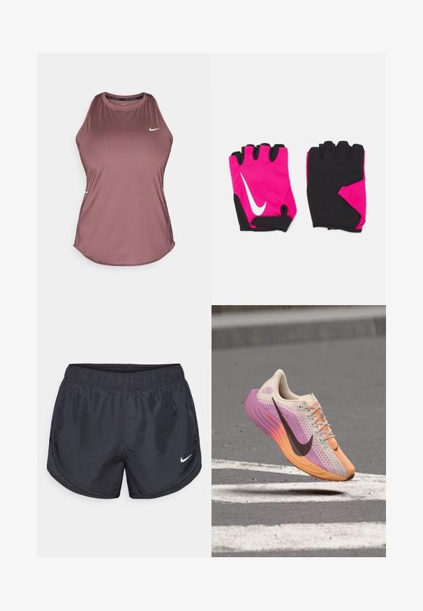 Αμάνικη μπλούζα Nike σε απαλό μοβ χρώμα, κατασκευασμένη από λεία, ελαφριά ύφασμα; διαθέτει στρογγυλή λαιμόκοψη και μικρό λογότυπο στο στήθος.; Μαύρες αθλητικές βερμούδες με ελαστική μέση, κατασκευασμένες από ελαφρύ υλικό, με ένα μικρό λευκό λογότυπο Nike στη κάτω αριστερή πλευρά.; Ελαφρύ παπούτσι για τρέξιμο με ροζ, πορτοκαλί και μπεζ βαθμιαίο πλεκτό, μαύρο σήμα Nike, ακουμπάει στον αέρα πάνω από τραχιά άσφαλτο με λευκές οδικές γραμμές.; Σύντομα ροζ γάντια με μαύρες λεπτομέρειες, που διαθέτουν λευκό λογότυπο Nike, επενδεδυμένες παλάμες και σχεδίαση χωρίς δάχτυλα για αυξημένη πρόσφυση και ευελιξία.