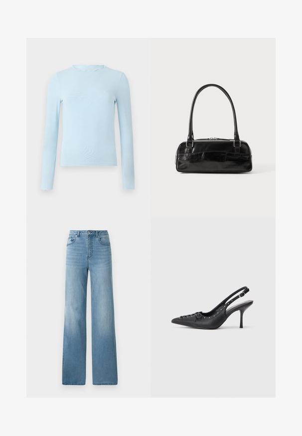 Lys blå langærmet top lavet af et glat stof, med en scallop-udskæring og figursyet design, med lige søm og uden mønstre.; Lyseblå højtaljede jeans med lige ben. Fremstillet af denim, med fem lommer og knaplukning.; Sorte læder slingback stiletto med spids tå, side spændebånd, nitter langs kanten og dekorativ snøring foran.; Sort læderhåndtaske med rektangulær form, der har et enkelt struktureret håndtag, sølvhardware og lynlås-lukning. Glat tekstur.