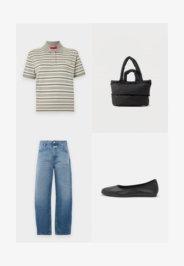 Lühikeste varrukatega polosärk, halli krae, hallide, valgete, kollaste ja mustade horisontaalsete triipudega ning väikese tikitud "MAX&Co" logoga rinnal.; Hele sinine denim teksad, kõrge talje ja sirge jala lõikega. Omab klassikalist viit taskut ja metallist nappide sulgemist.; Musthave mustika tantsutossud mustast nahast, ümmarguse varbaga, siledast tekstuurist, minimaalse õmblusdetailiga ja paindliku tallakujundusega.; Mustast pehmendusega kandekott kahe pehmendusega sangaga, ristküliku kujuga ja pehme tikandiga tekstuuriga lihtsal valgel taustal.