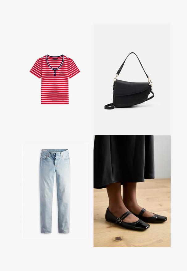 Rød og hvid kortærmet skjorte med vandrette striber, navyblå trim rundt om halsudskæringen og tre knapper foran.; Lyseblå denimjeans med lige ben, fem lommer og metal-knapper i en standard livvidde.; Sorte laklæder flade sko med firkantet tå, der har to stropper med spænder. Sålerne er flade på et lyst trægulv.; Sort læderhåndtaske med en struktureret overflade, der har en enkelt skulderrem og guld hardware-detaljer. Designet er slankt og minimalistisk.