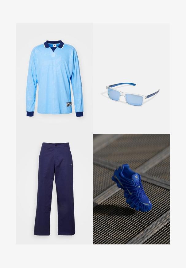 Camisa polo de manga larga azul claro con collar y puños en azul marino, que presenta un sutil patrón por toda la prenda y la marca Nike en el dobladillo inferior.; Nike Sportswear PANT - Pantalones - midnight navy/(white); Zapatilla deportiva azul con parte superior de malla, diseño texturizado y suela prominente que presenta elementos de amortiguación distintos y acentos reflectantes.; Arnette MWAMBA - Gafas de sol - transparent
