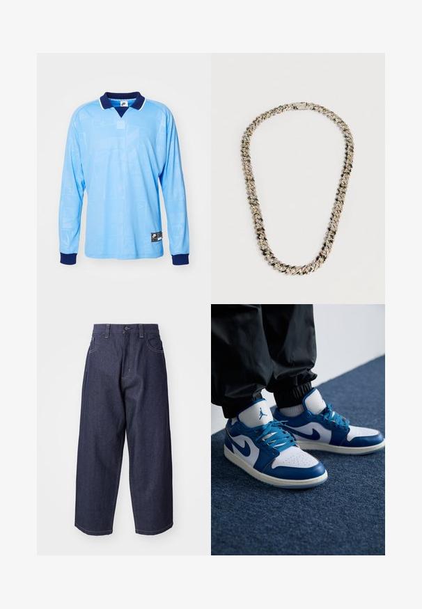 Lichtblauwe longsleeve polo met marineblauwe kraag en manchetten, voorzien van een subtiel all-over patroon en Nike-logo op de onderrand.; Donkerblauwe denim jeans met een losse, wijde pasvorm. Kenmerken zijn een knoopsluiting, steekzakken aan de voorkant en zichtbare stiksels.; Nike Air Jordan sneakers hebben een witte leren basis met blauwe synthetische accenten, een geperforeerde neusdoos en blauwe veters.; Zilverkleurige ketting met een gevlochten ontwerp en sprankelende accenten. Het sieraad heeft een sluiting met gesp en een gestructureerde afwerking.