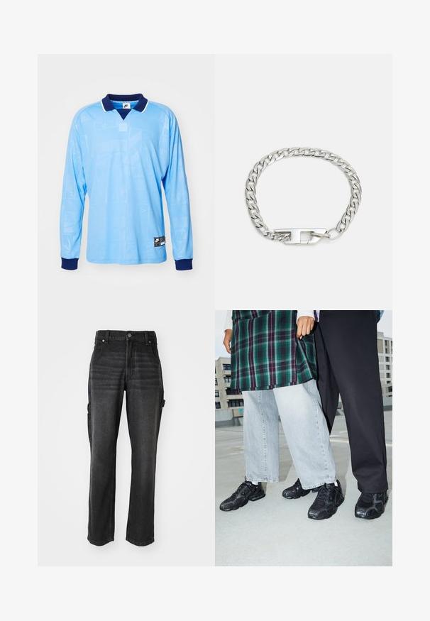 Hellblauses Langarm-Polohemd mit marineblauem Kragen und Bündchen, das ein dezentes Allover-Muster und Nike-Logoprint am unteren Saum aufweist.; Schwarze Denim-Cargo-Hosen mit geraden Beinen, die mit Seitentaschen, einem metallischen Knopfverschluss und tonalem Nähen ausgestattet sind. Strukturiert Stoff.; Schwarze Sportschuhe mit Mesh- und Gummielementen. Kombiniert mit hellgrauen weiten Jeans und einem karierten grünen Oberteil. Flacher Hintergrund.; Silberne Kettenarmband mit ineinandergreifenden Gliedern und strukturierter Oberfläche sowie einem rechteckigen Verschluss. Einfaches und modernes Design.