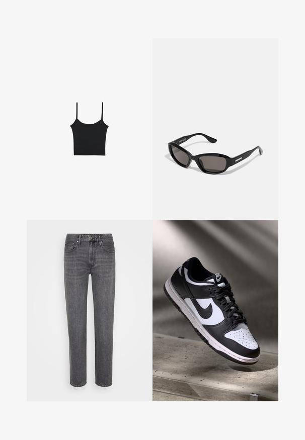 Stradivarius Top - black; Sorte denim jeans med lige ben, klassisk fem-lomme design og knaplukning med subtile falme- og syningsdetaljer.; Sorthvid Nike Dunk Low sneakers med læderoverdel, perforeret tåboks og sorte snørebånd, udstyret med en hvid sål og logo accenter.; Sorte solbriller med rektangulært stel, mørke linser, glat plastmateriale og en metalaccent på templet.