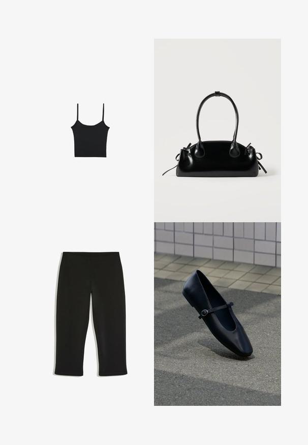 Stradivarius Top - black; Čierne legíny po kolená s jednoduchým dizajnom a elastickým pásom na bielom pozadí.; Čierna kožená balerína Mary Jane s malým remienkom so sponou, položená na šedom asfaltovom povrchu pri obloženej stene.; Malá čierna lesklá kabelka s dvoma dlhými rúčkami a bočnými šnúrkovými detailmi na jednoduchom svetlom pozadí.