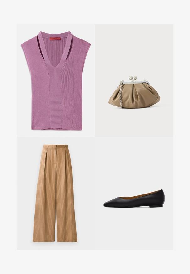 Haut sans manches en tricot côtelé violet clair avec un détail de couture au centre, comportant une étiquette au niveau du cou.; Pantalons évasés en tissu beige avec des rayures blanches verticales. Comprend des plis à la taille et une texture lisse.; Chaussure plate en cuir noir à bout pointu avec talon bas et finition lisse, vue de côté sur un fond gris clair.; Pochette en cuir beige clair à la forme arrondie, texture plissée, fermeture à verrou argentée et bandoulière chaîne amovible.