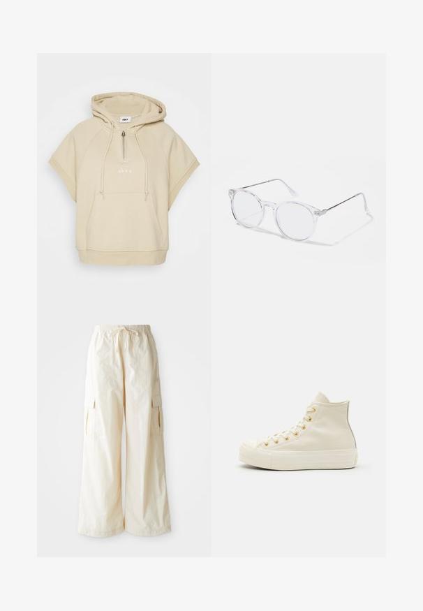 Obey Clothing REESE RELAXED FIT HOODED VEST - Tričko s potlačou - oat milk; Široké cargo nohavice v svetlo béžovej farbe s elastickým pásom, šnúrkovým zapínaním a bočnými vreckami. Hladký povrch s minimálnym zdobením.; Vysoké tenisky vyrobené z krémovej kože so zlatými očkami a textúrovaným povrchom. Majú gumovú podrážku a zaoblenú špičku.; Priesvitné okuliare s okrúhlym rámom, transparentnými plastovými šošovkami a striebornými kovovými ramenami. Minimalistický dizajn s jemnými detailmi na pántoch.