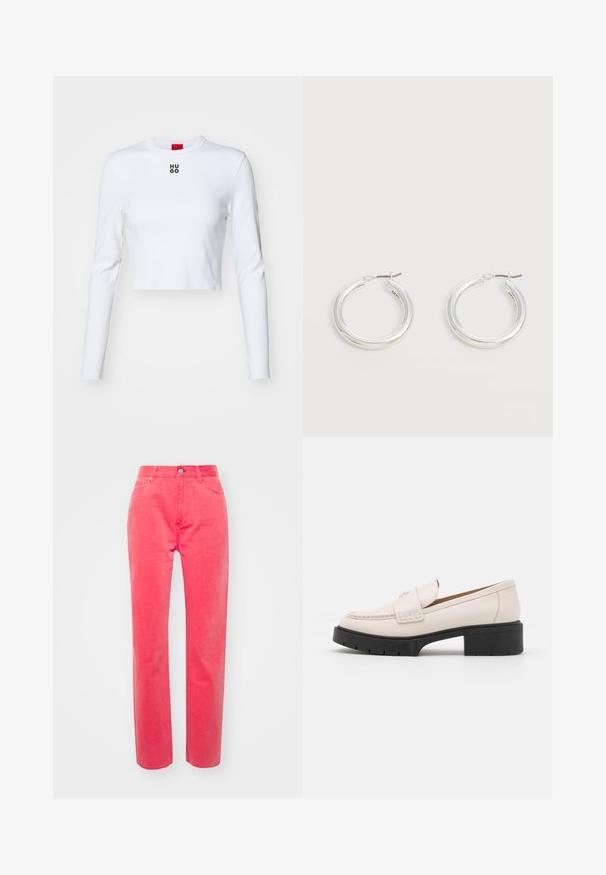 Top court à manches longues blanc en coton, avec un col rond et un petit logo noir "HUGO" sur la poitrine. Texture lisse avec une coupe ajustée.; Pantalons en coton rose avec une coupe droite, dotés d'une fermeture à bouton et à glissière, de cinq poches et de coutures surpiquées.; Mocassins en cuir beige clair avec un devant cousu et un talon platform texturé noir. Présente un design incurvé et une légère élévation.; Paire de boucles d'oreilles créoles moyennes argentées brillantes avec de fines attaches métalliques sur un fond clair et neutre.